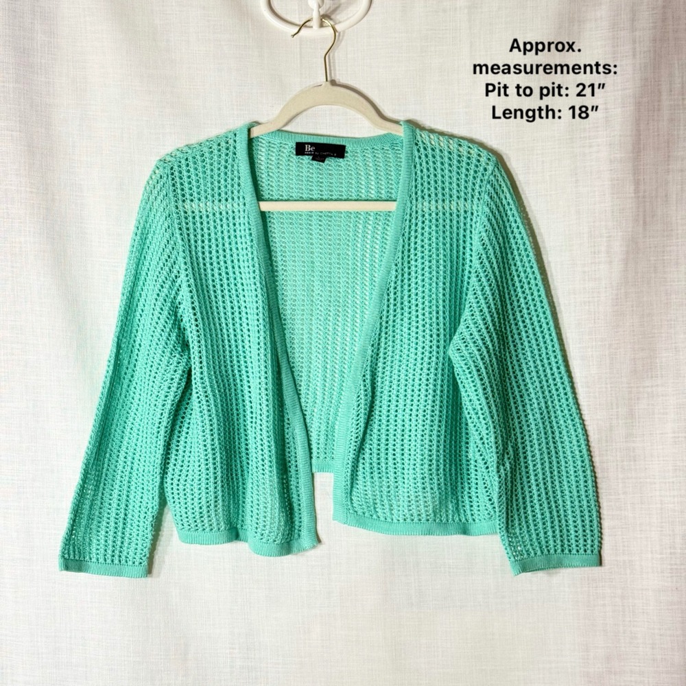 Be‎ by Chetta B Cardigan Womens L Mint Green Crochet Mesh Open Front
